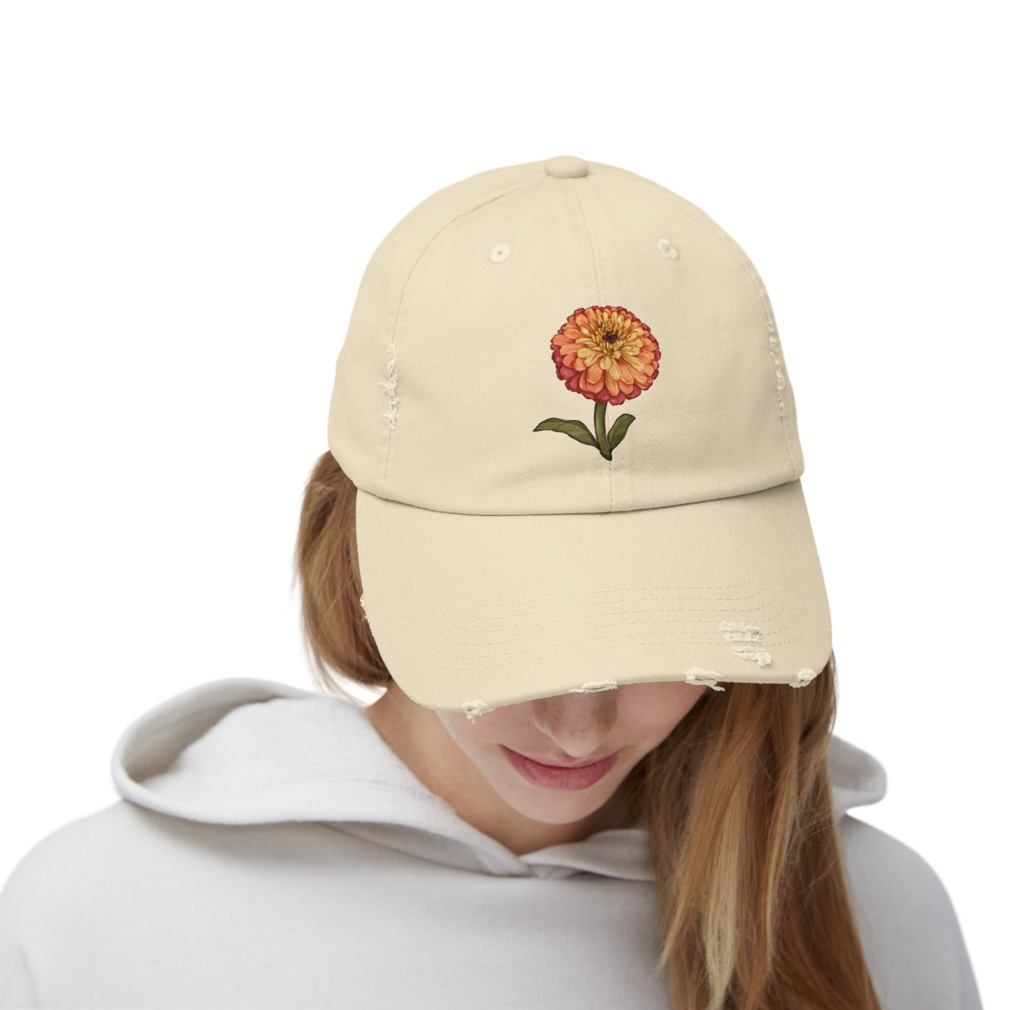 Unisex Distressed Cap with Zinnia Flower Design