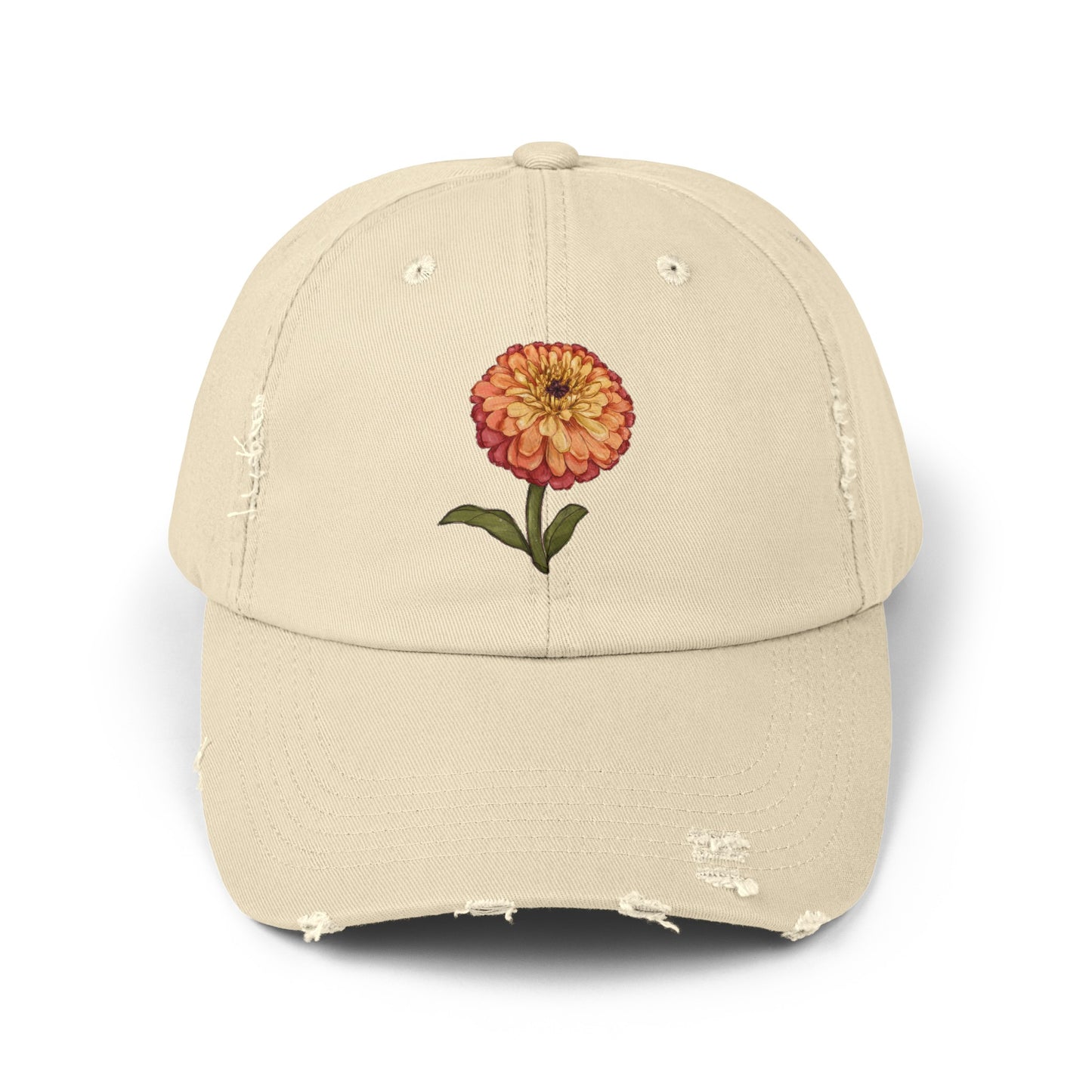 Unisex Distressed Cap with Zinnia Flower Design