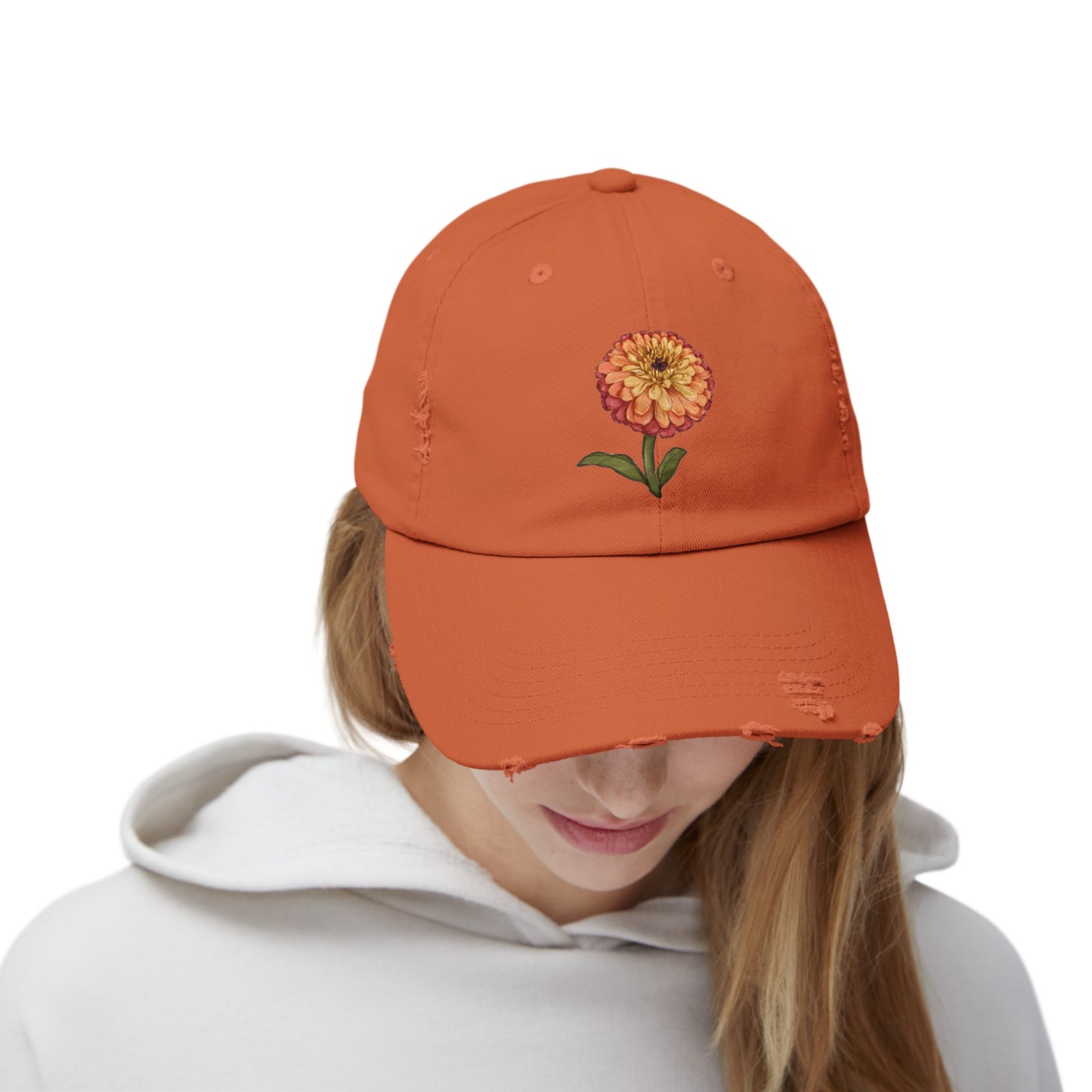 Unisex Distressed Cap with Zinnia Flower Design