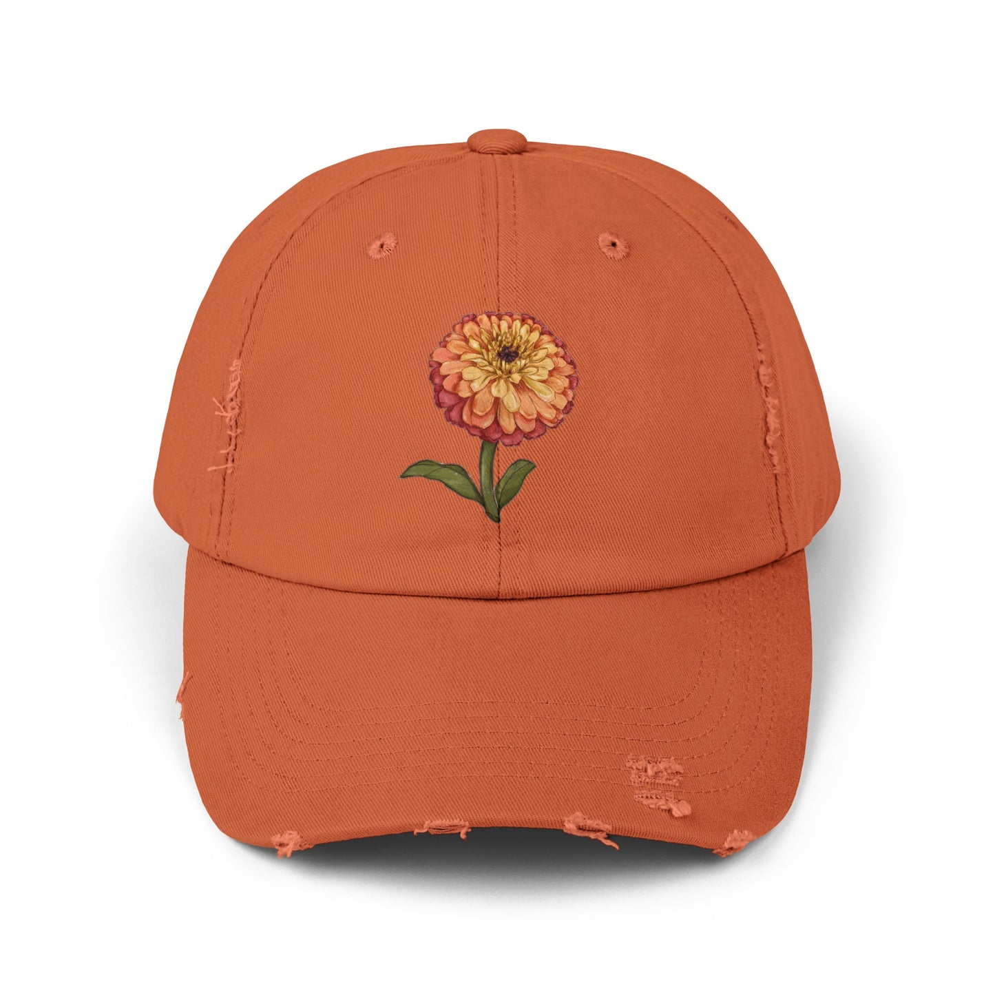 Unisex Distressed Cap with Zinnia Flower Design