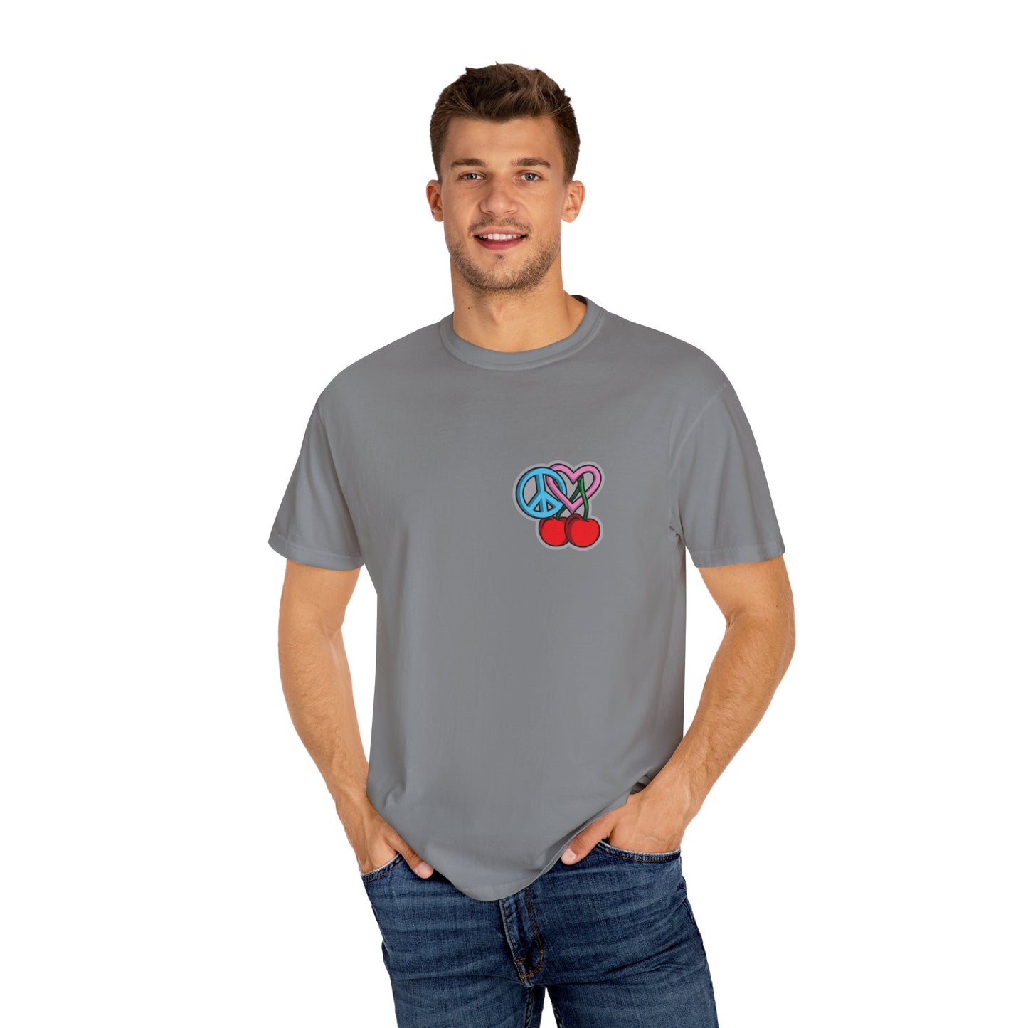 Symbols of Peace, Love, & Cherries Unisex Garment-Dyed T-shirt