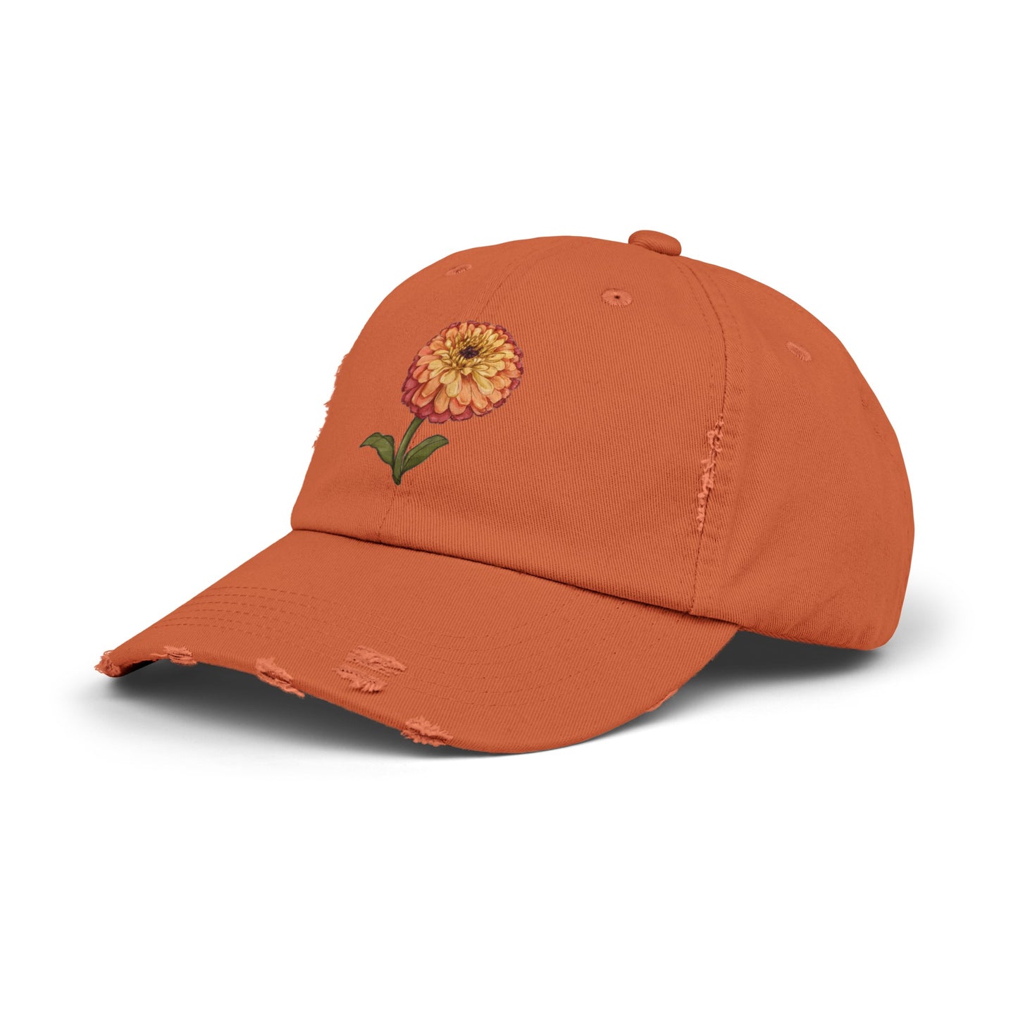 Unisex Distressed Cap with Zinnia Flower Design