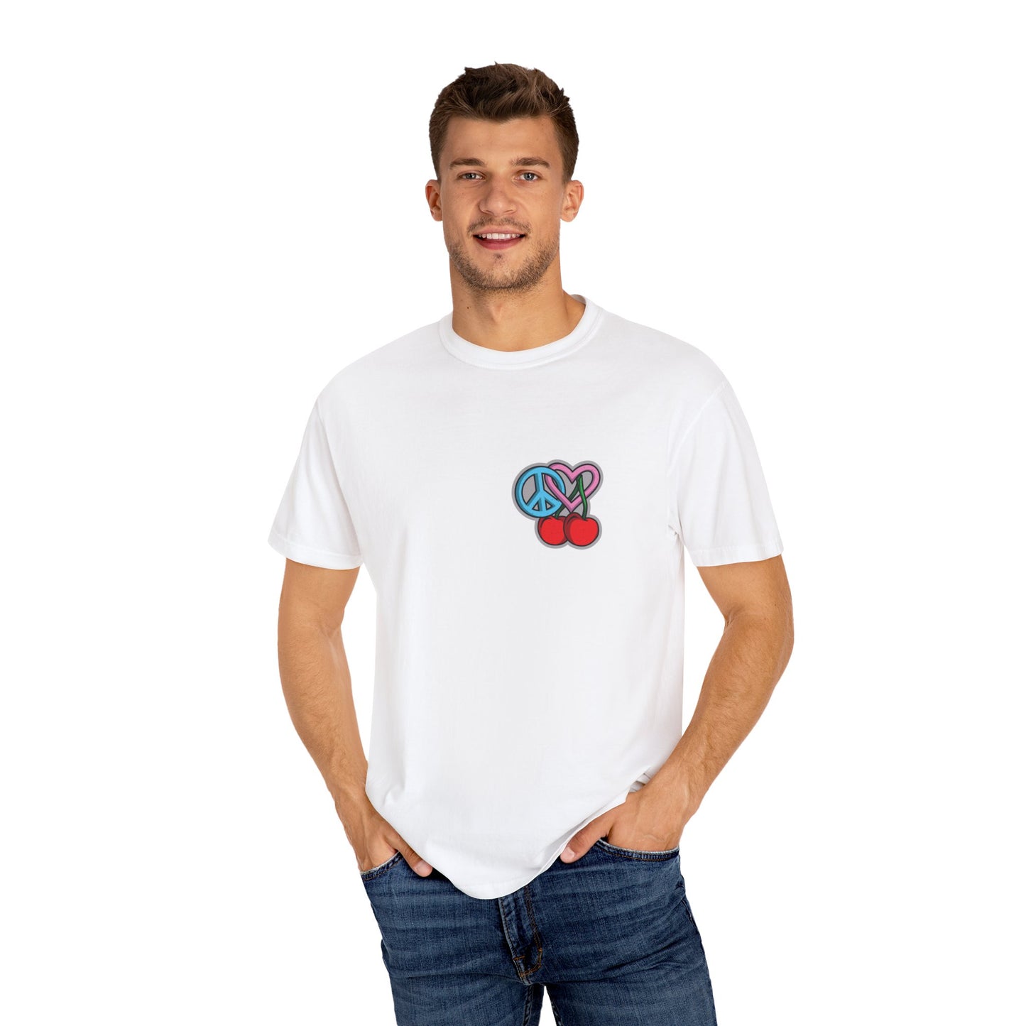 Symbols of Peace, Love, & Cherries Unisex Garment-Dyed T-shirt