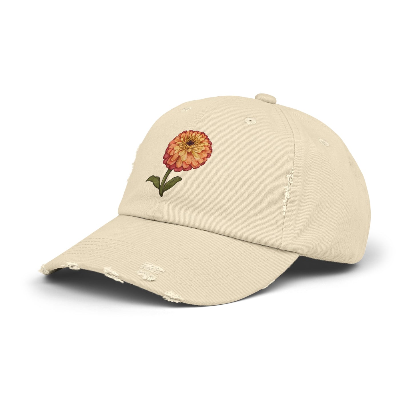 Unisex Distressed Cap with Zinnia Flower Design