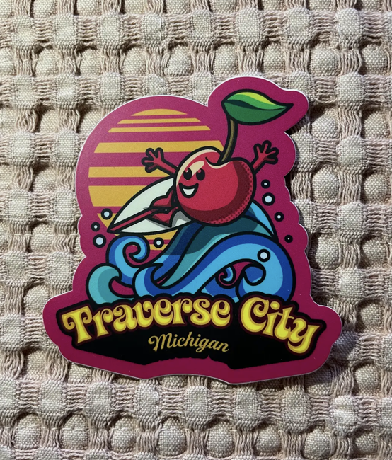 Ride The Cherry Wave / Traverse City Sticker, 2.9" x 3"
